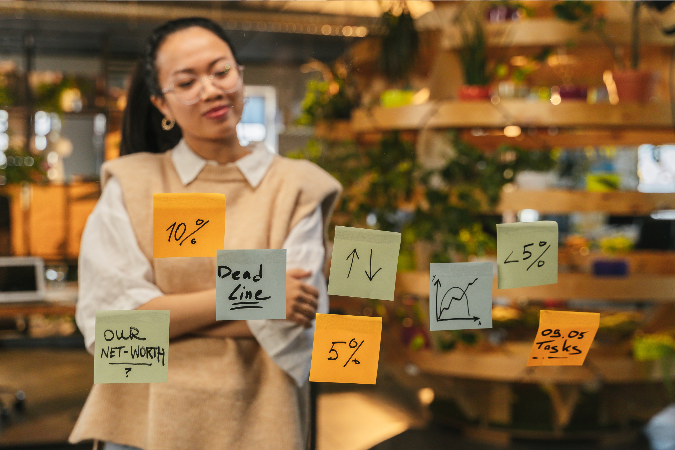 woman with sticky business notes